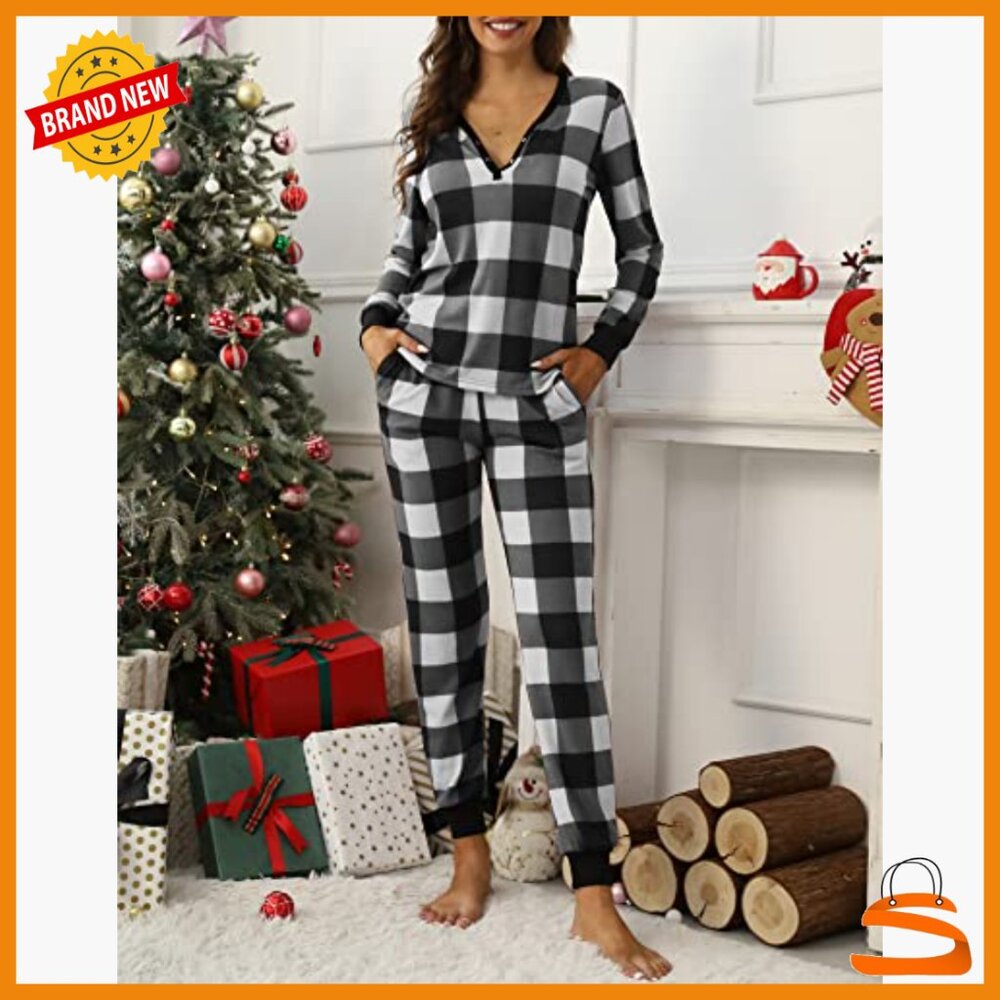 Large Cotton Pajama Set Henley Neck Long Sleeve Lounge Wear - Picture 2 of 6